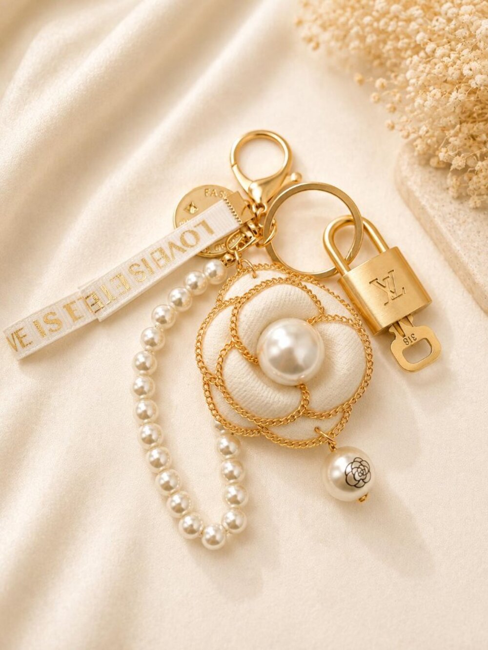 Louis Vuitton Authentic Gold Padlock 🔑 Key + Unbranded Flower Stylish Bag Charm
